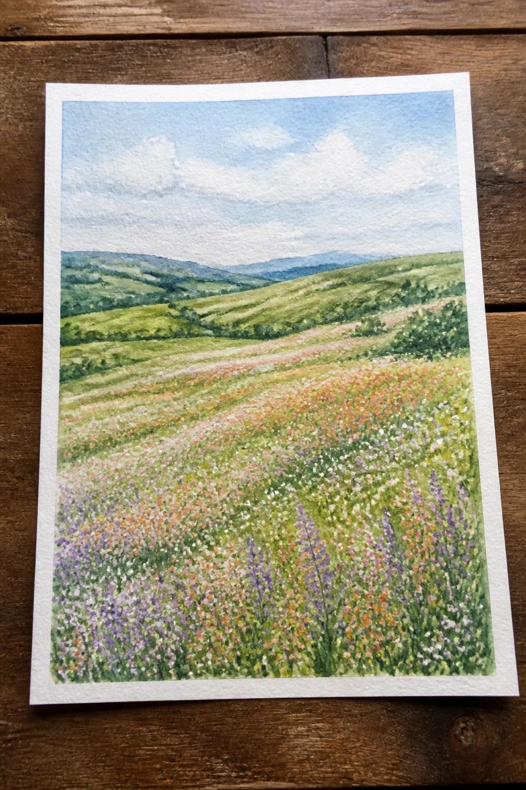 Vibrant watercolor of wildflowers blooming on rolling hills under a blue sky