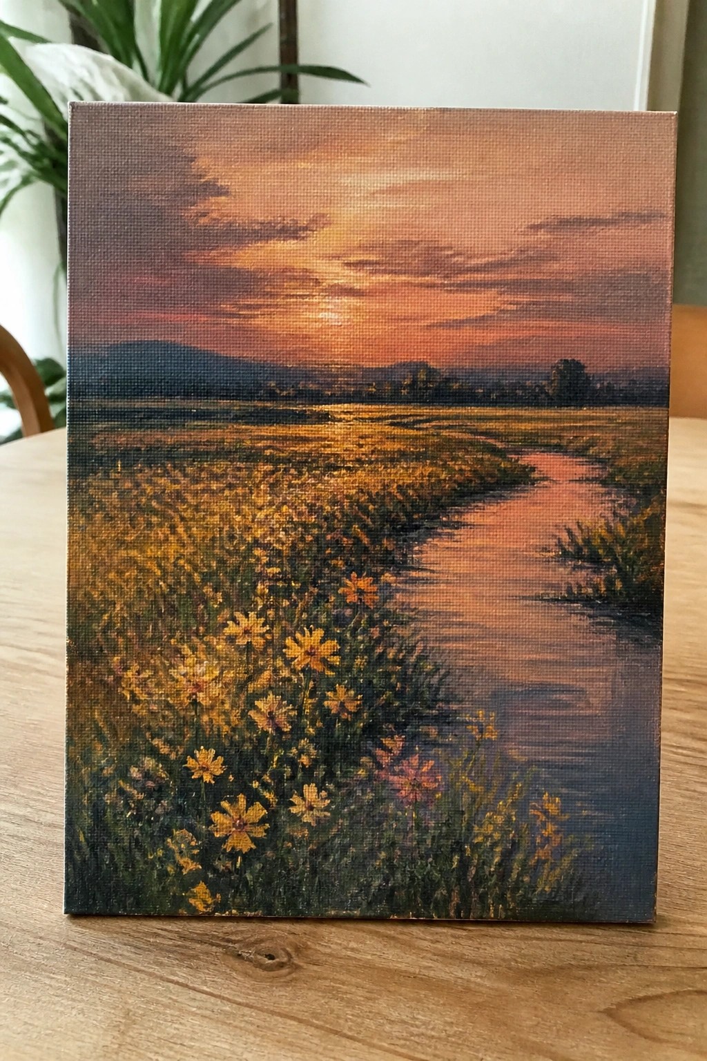 Canvas painting of sunset over yellow wildflower meadow with winding stream and hills.