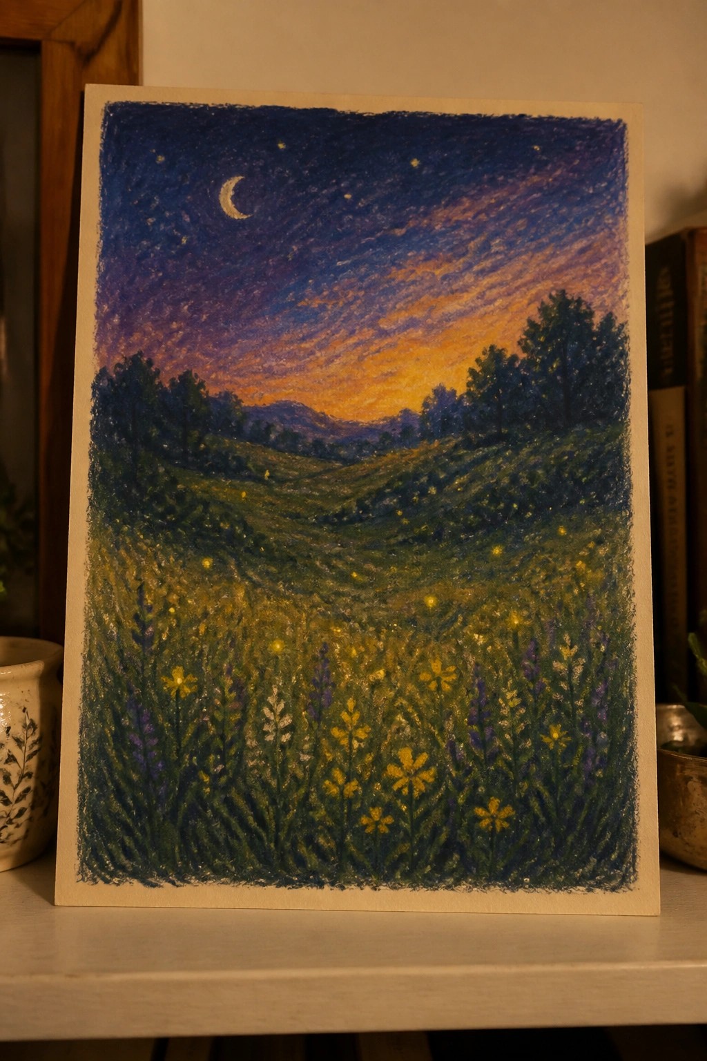 Vibrant pastel landscape of crescent moon over starry sky and wildflower meadow at dusk.