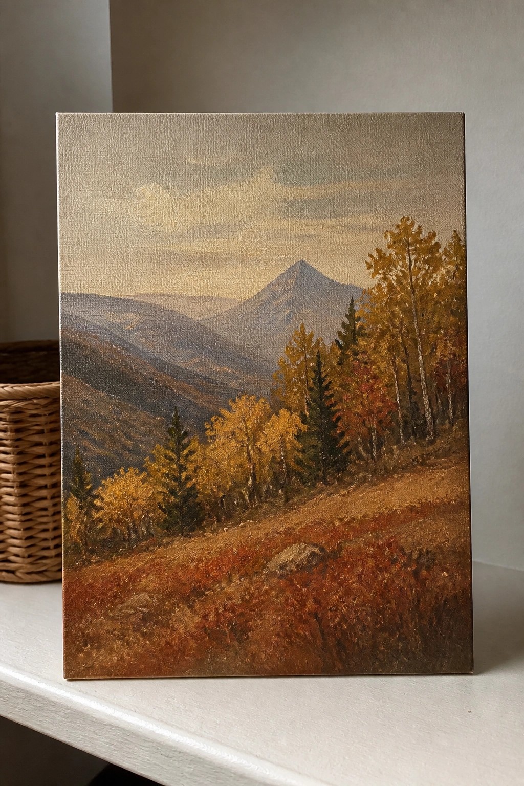 Oil painting of autumn mountains with golden orange trees and reddish fields