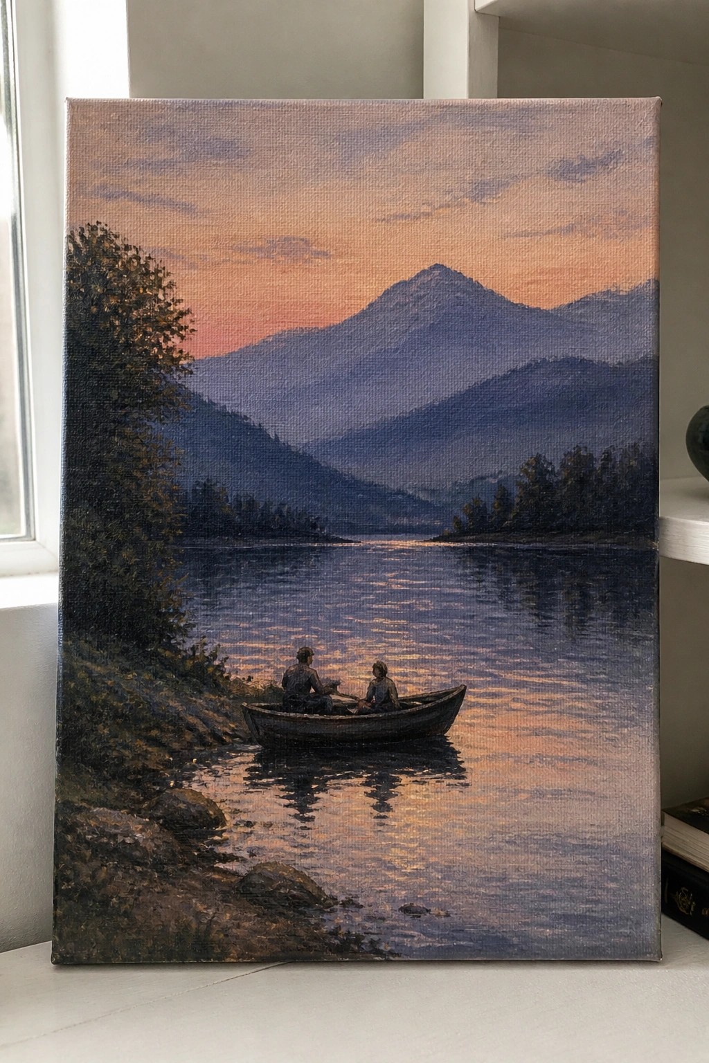 Realistic painting of two figures rowing a boat on a mountain lake at sunset.