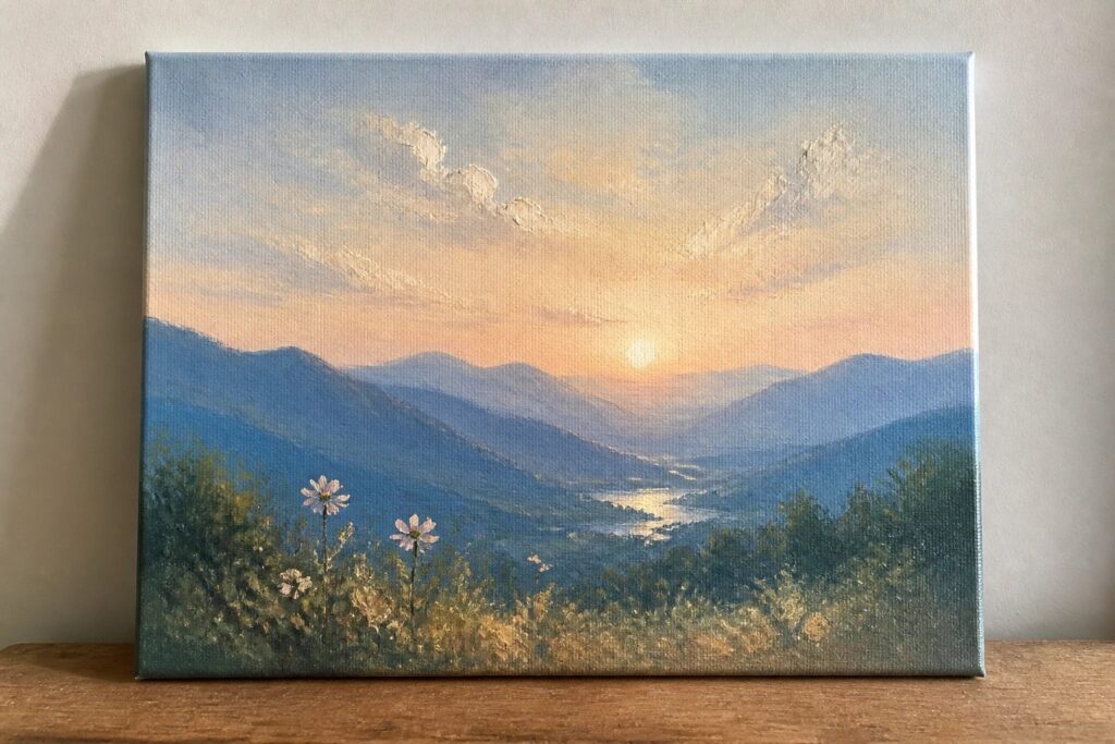 Sunset landscape painting with layered mountains, winding river, and wildflowers in foreground