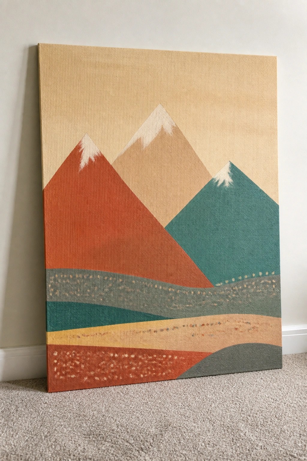 Abstract mountain painting with red, teal, and beige peaks above dotted layered hills on canvas