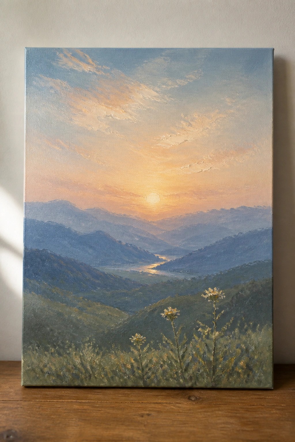 Sunset landscape painting with layered mountains, winding river, and wildflowers in foreground