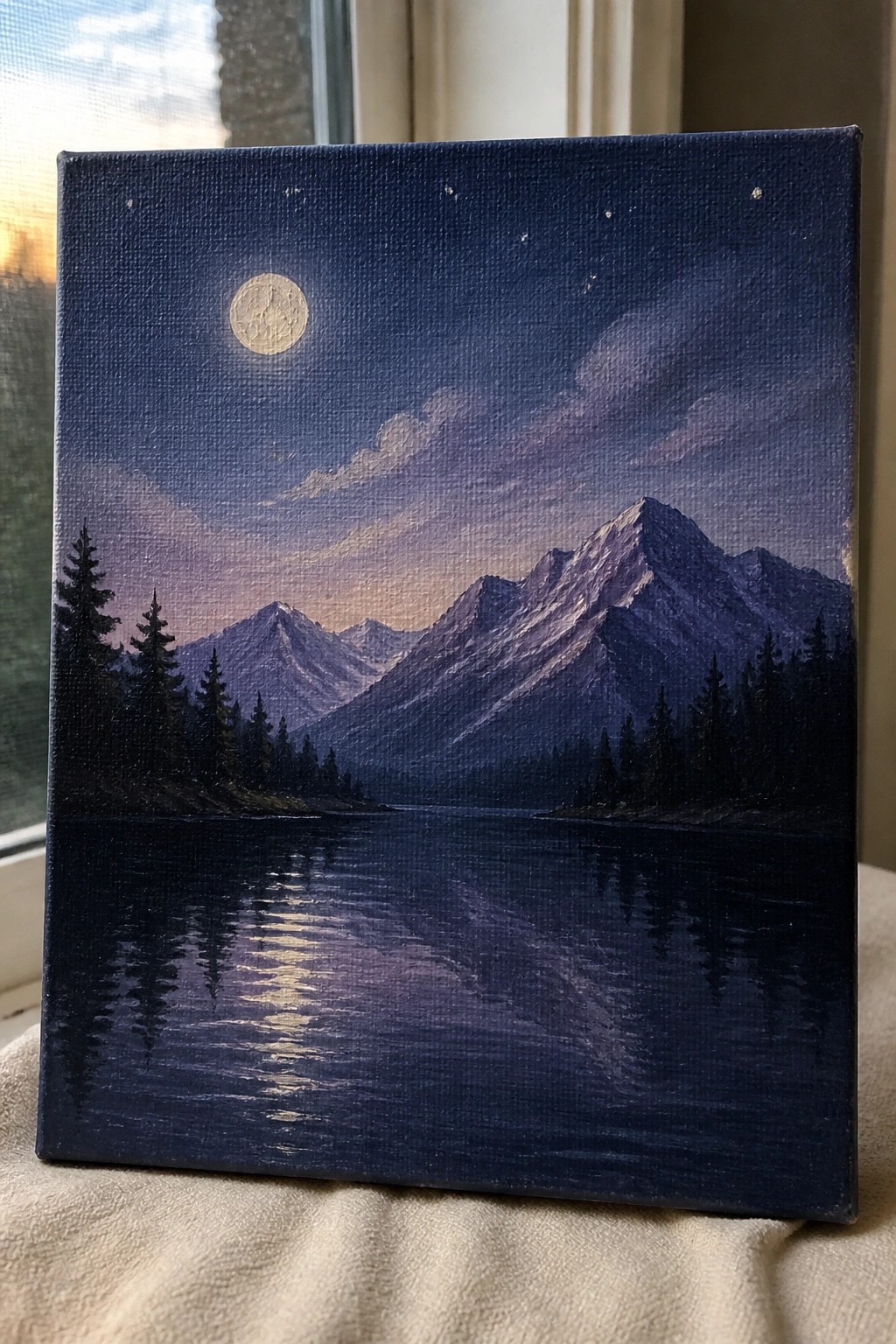 An oil painting of a full moon above a mountain range at night, reflected in a calm lake with pine trees along both shores.