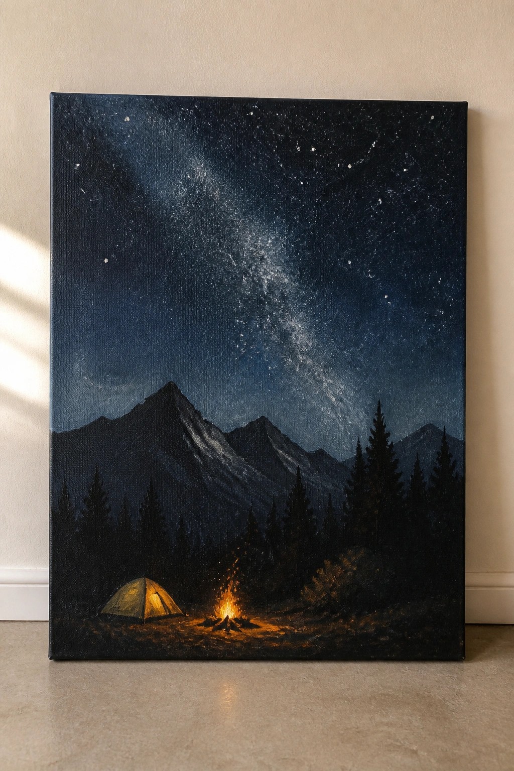 An oil painting depicts a glowing tent and campfire at the base of dark mountains beneath a starry sky filled with the Milky Way.