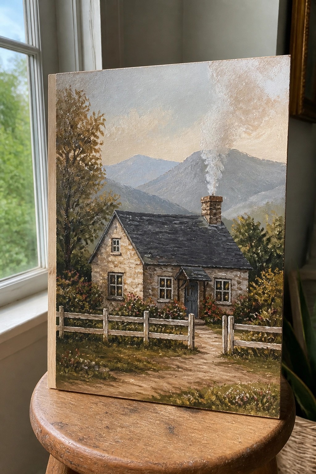 Oil painting of stone cottage with smoking chimney amid mountains, fence, and dirt path