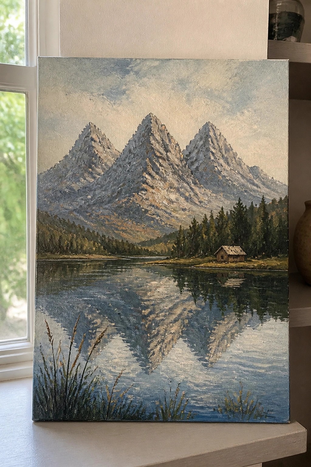 Oil painting of jagged mountains reflected in a calm lake with a cabin.