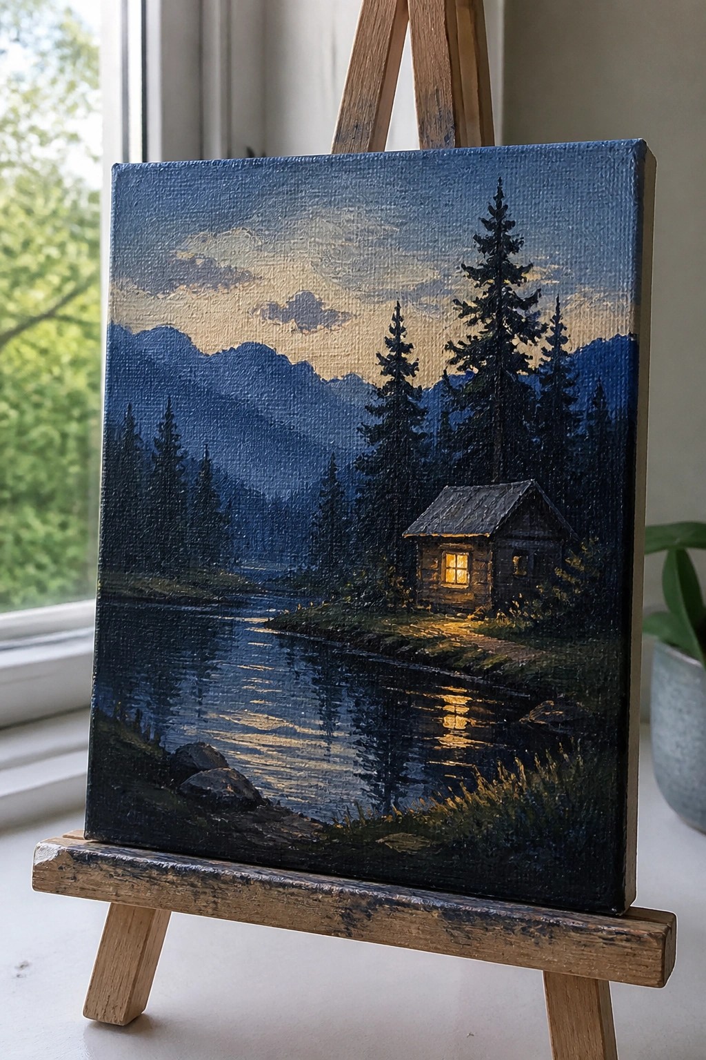 Oil painting on easel of glowing cabin by mountain lake at twilight.