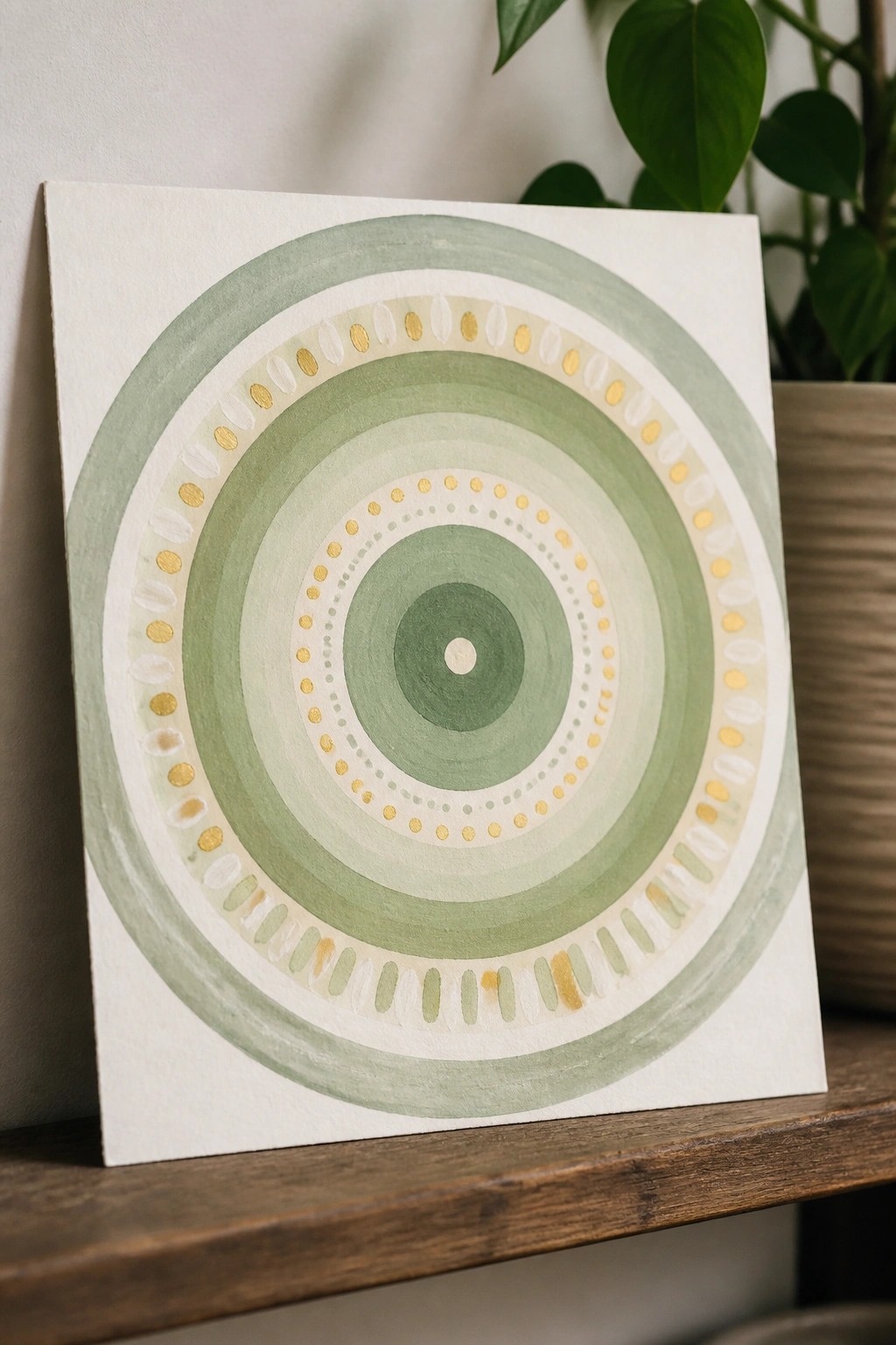 Abstract green concentric circle painting with gold dots on white canvas
