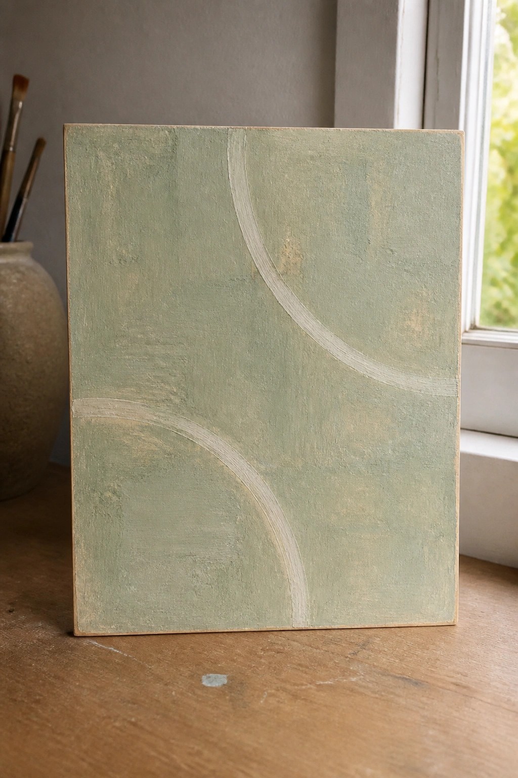 Sage green abstract painting with white curved lines on wooden table near window