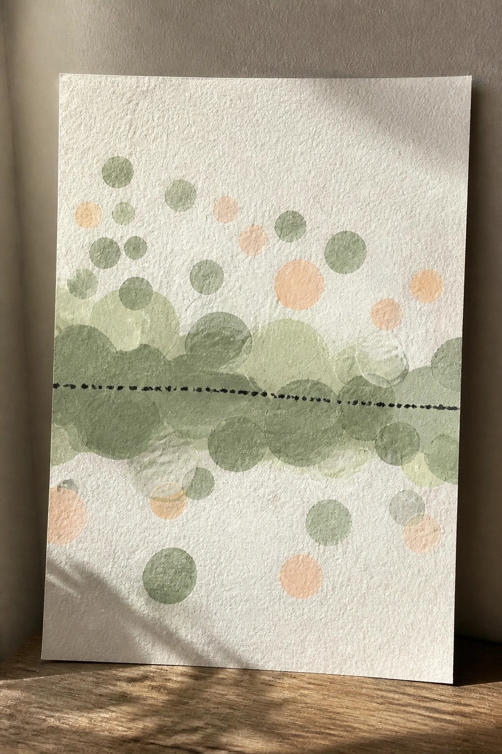Abstract artwork of green and peach circles with central black dotted line on white paper in sunlight.