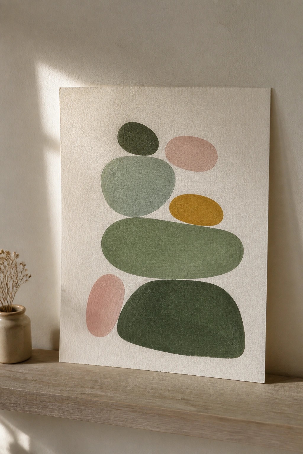 Abstract painting with stacked green, pink, and yellow ovals on white canvas on shelf