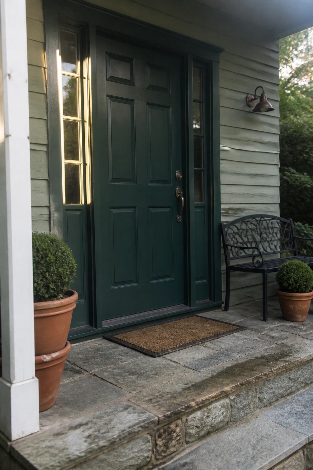 A dark green front door with stone steps and light siding on a house porch.