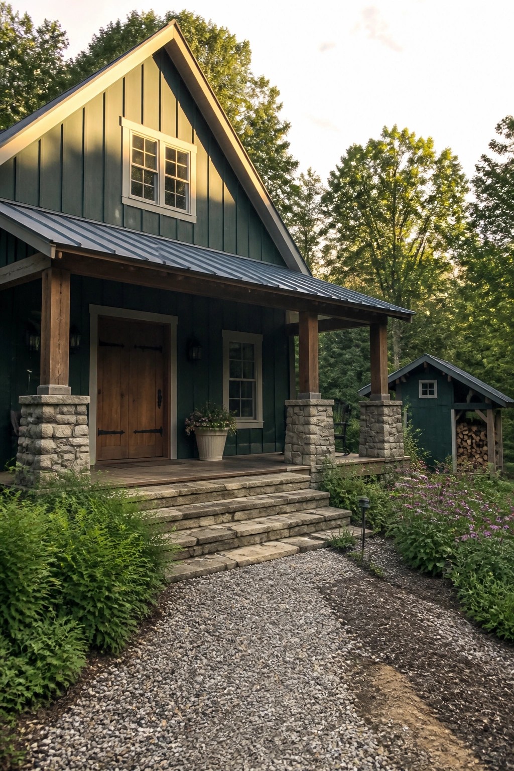 A deep green house exterior with stone pillars and wood trim in a wooded setting.