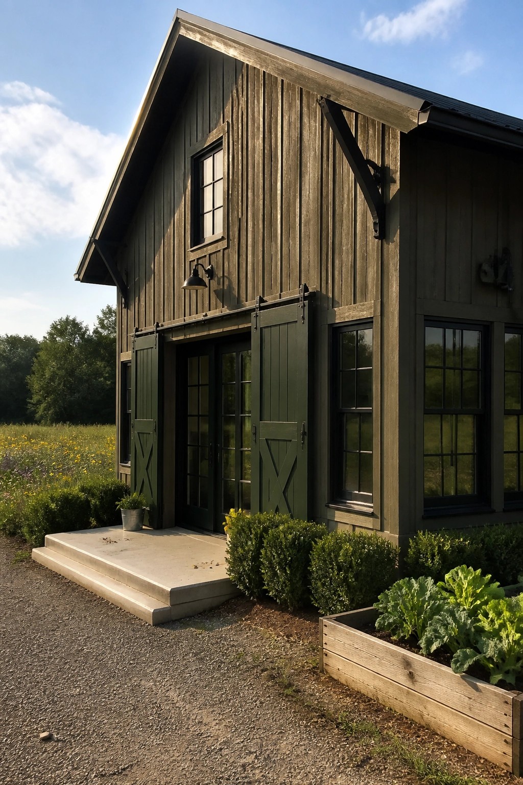 A rural home exterior painted in deep green wood siding with black windows and barn-style doors.