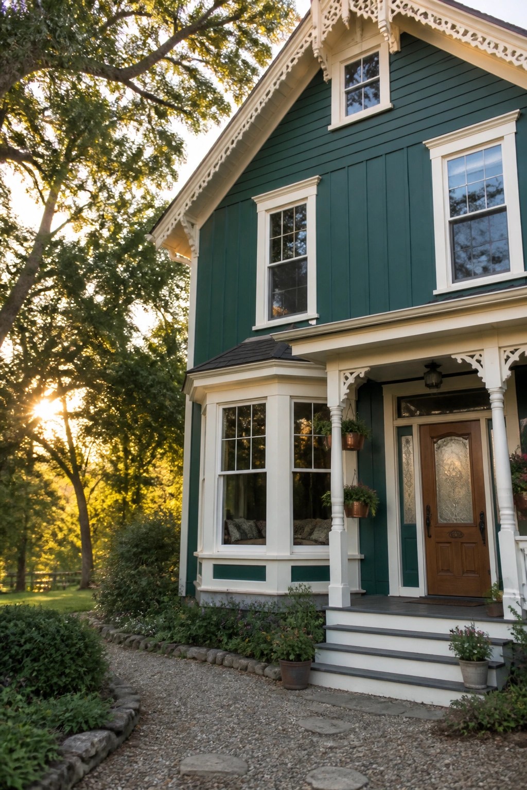 Green Victorian house with white trim, porch steps, bay window, and gravel path