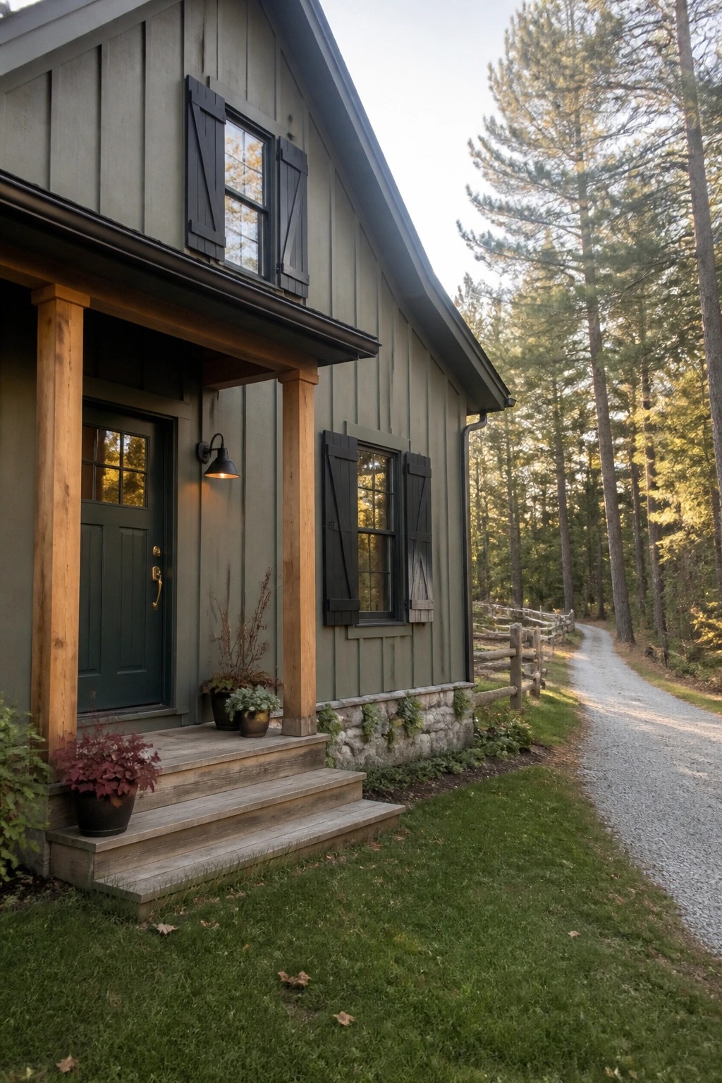 A house exterior with muted green siding and warm wood porch posts in a wooded setting.