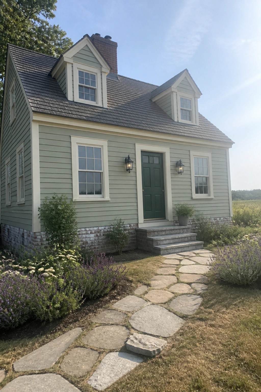 Light green cottage with white trim, green door, stone path, and garden.