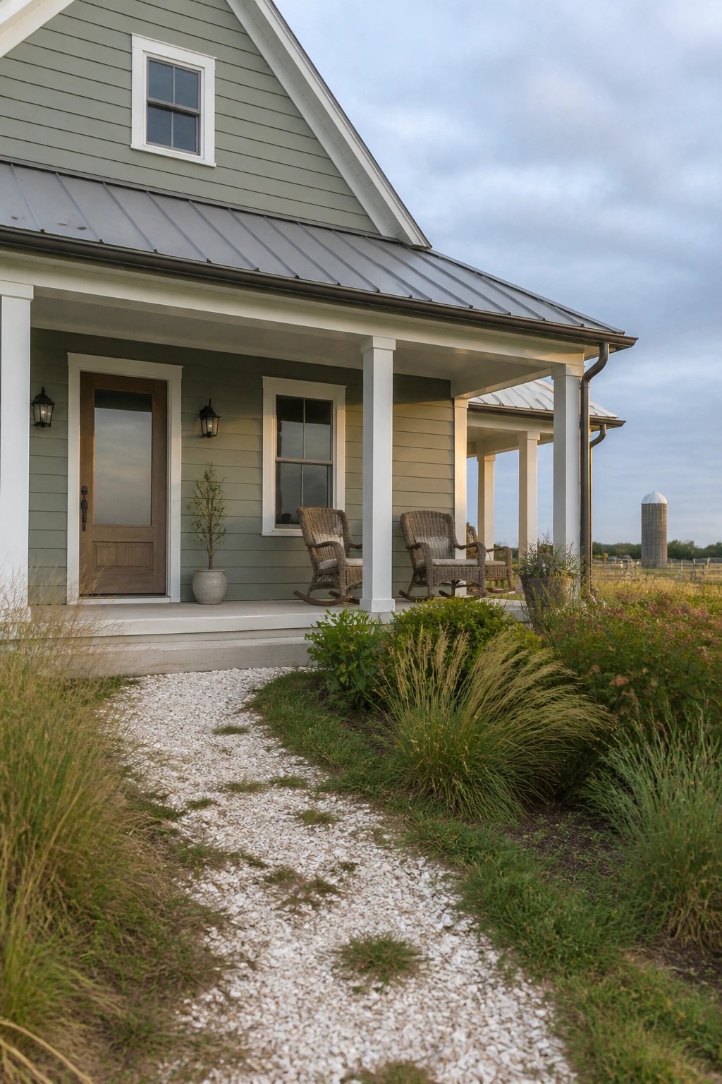A muted green exterior siding with white trim on a rural farmhouse porch.