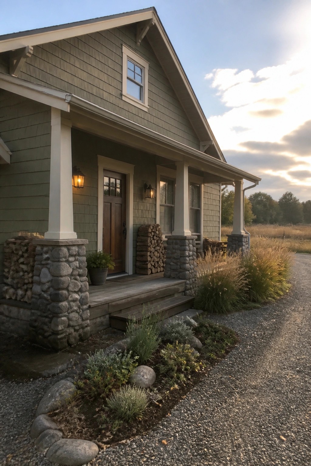 A rural house with muted sage green siding and stone porch supports.