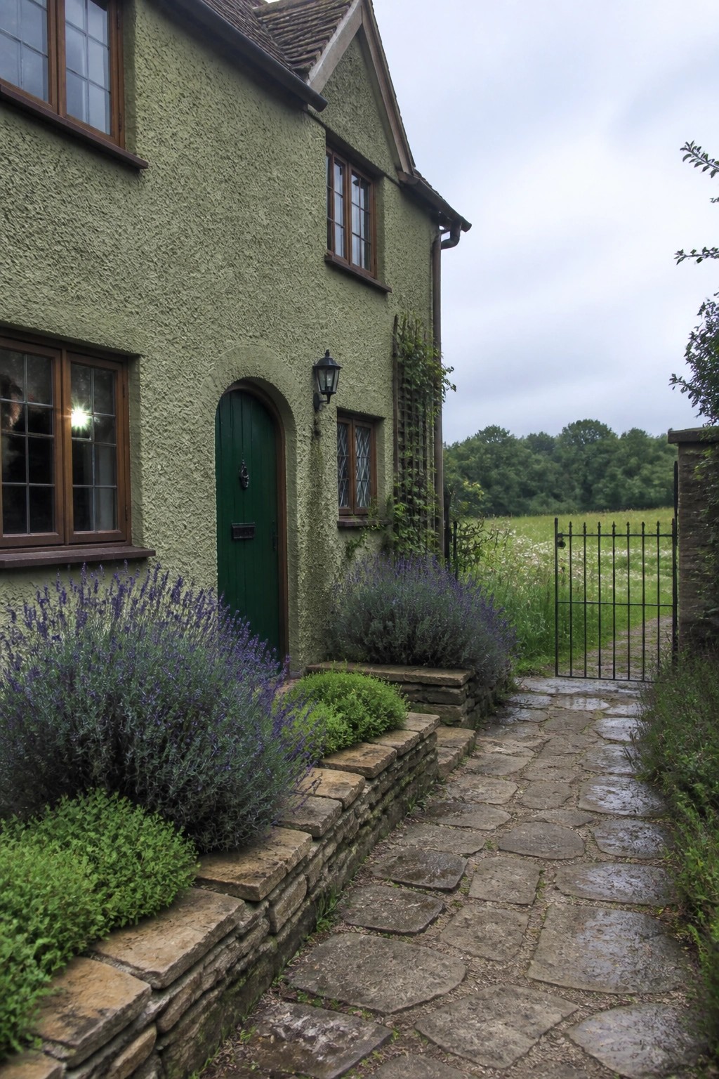 Green cottage with arched door, stone path, lavender bushes, and iron gate