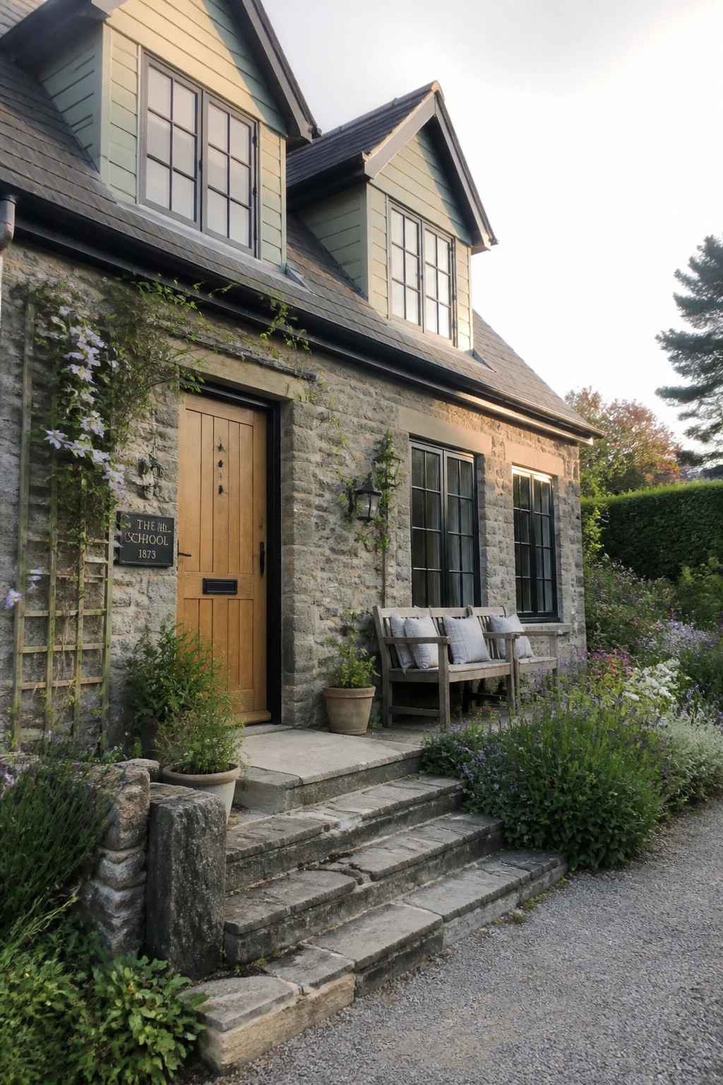 A stone cottage with muted sage green siding on the upper sections.