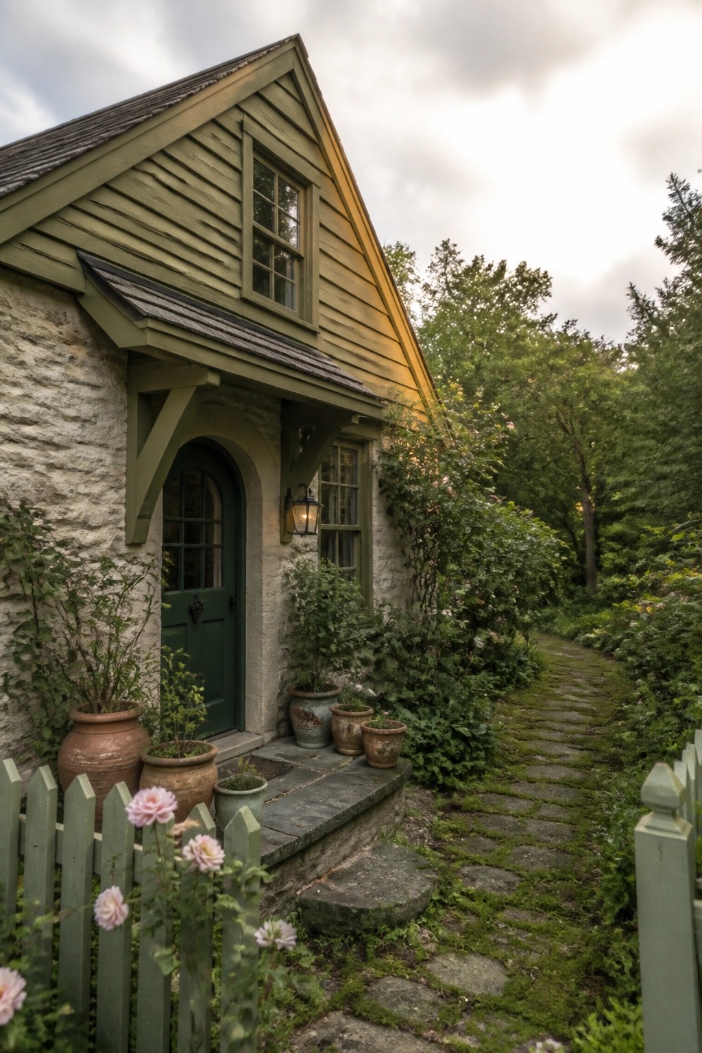 Green wood siding and trim on a stone cottage exterior next to a garden path.