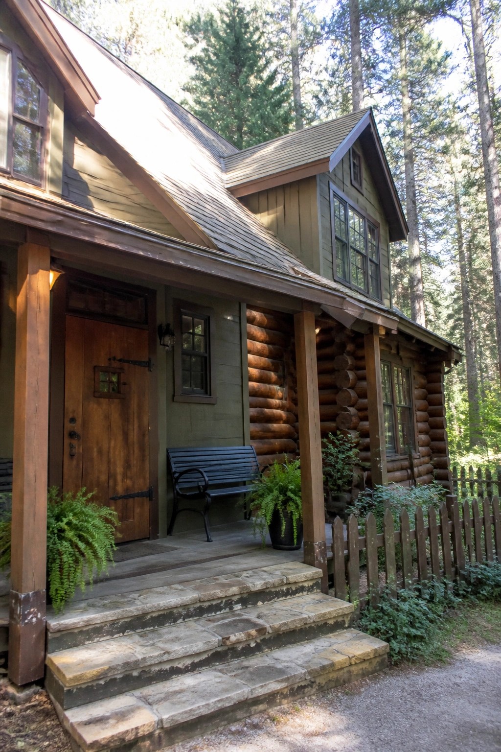 Log cabin exterior with muted olive green paint on the siding next to exposed logs and stone steps.