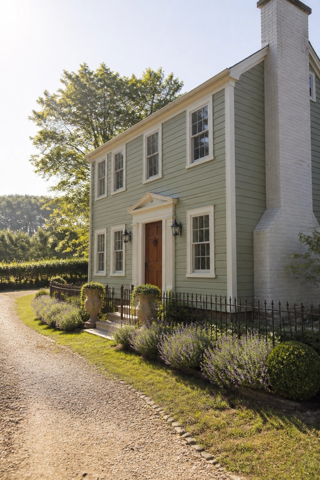Light sage green house siding with white trim and a brick chimney on a rural property.