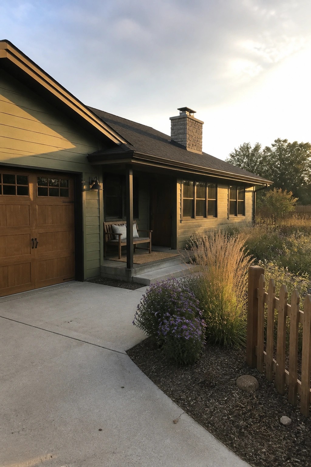 A muted olive green house with stone chimney and wood garage door in a rural setting.