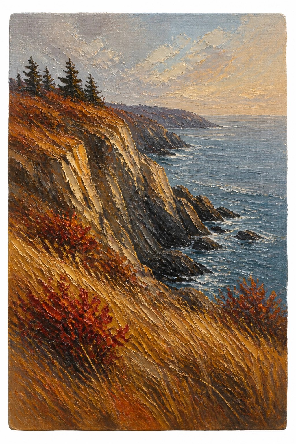 Oil painting of autumn cliffs with red foliage overlooking a blue ocean under a golden sky, featuring thick textured brushstrokes and pine trees on the ridge.