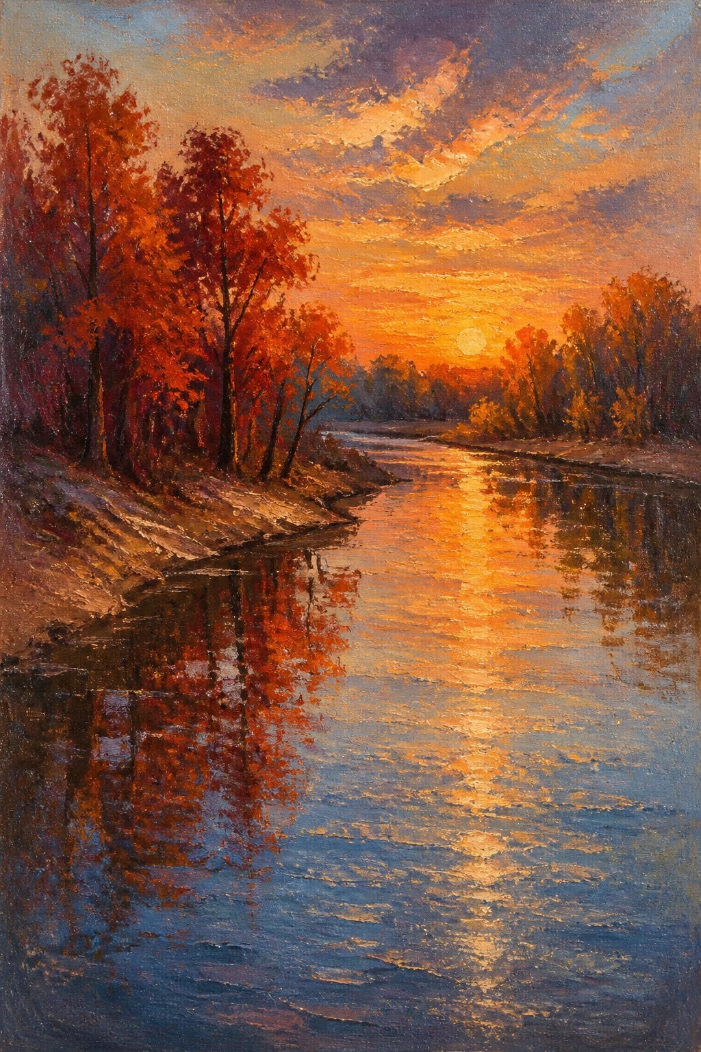 An oil painting of a river at sunset with red and orange autumn trees on the left bank and their reflections glowing in the water under a colorful sky