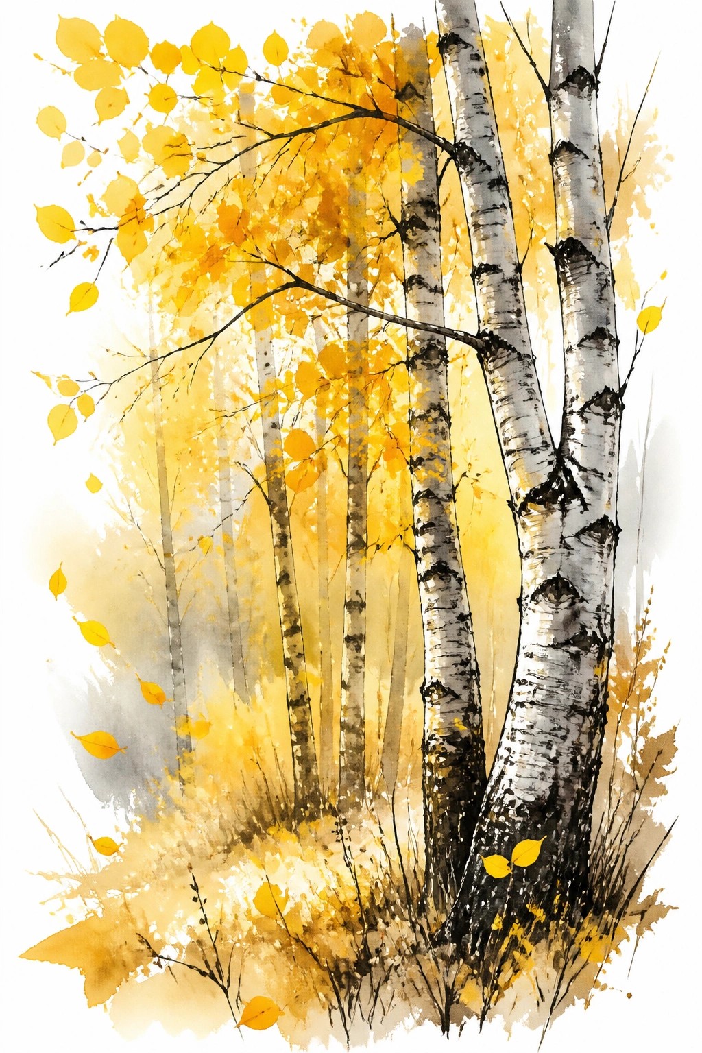 Watercolor painting of white birch trees with yellow autumn leaves and black bark markings in a warm golden forest setting.