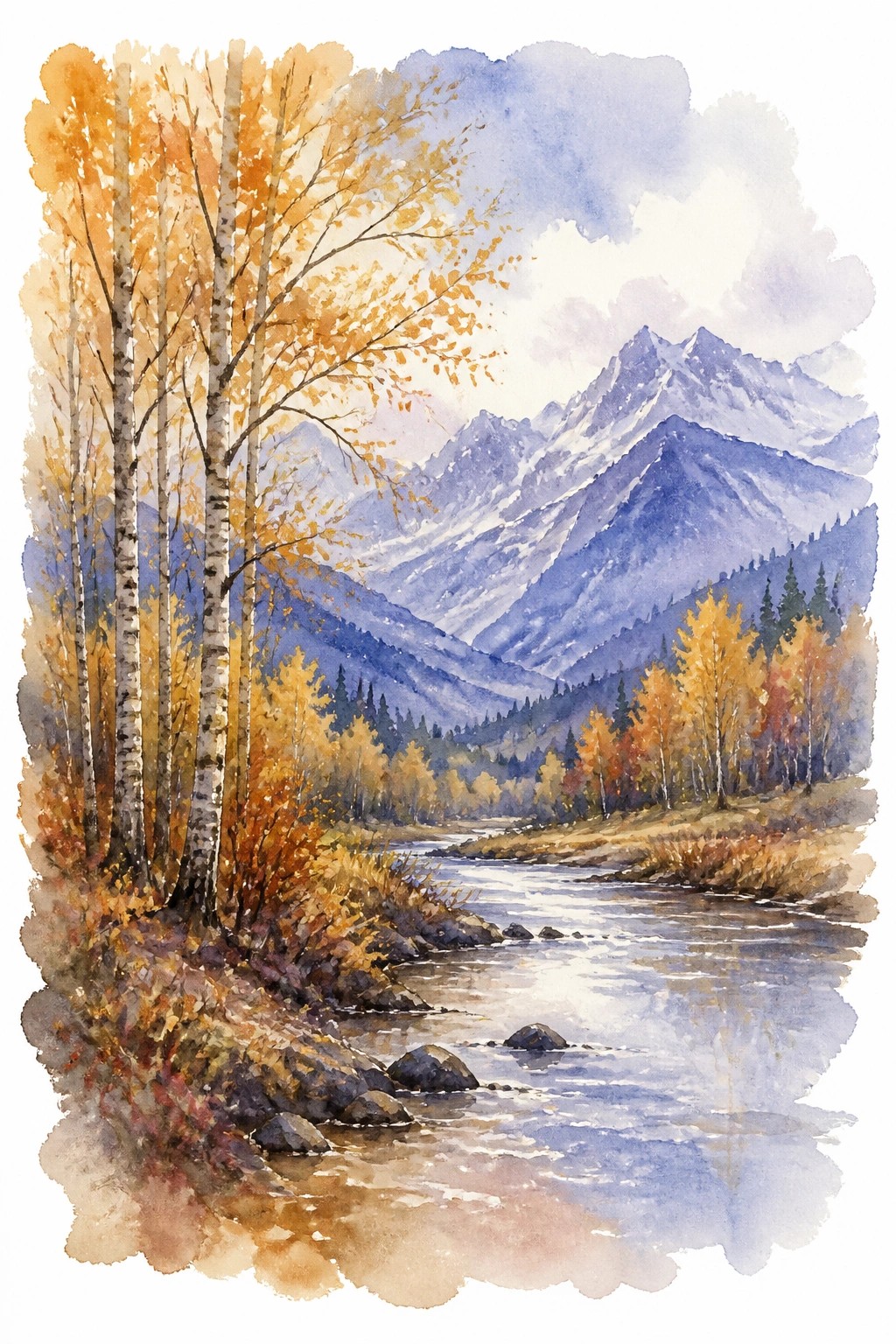 Watercolor landscape of golden birch trees beside a winding river with autumn foliage and snow capped mountains in soft blue tones