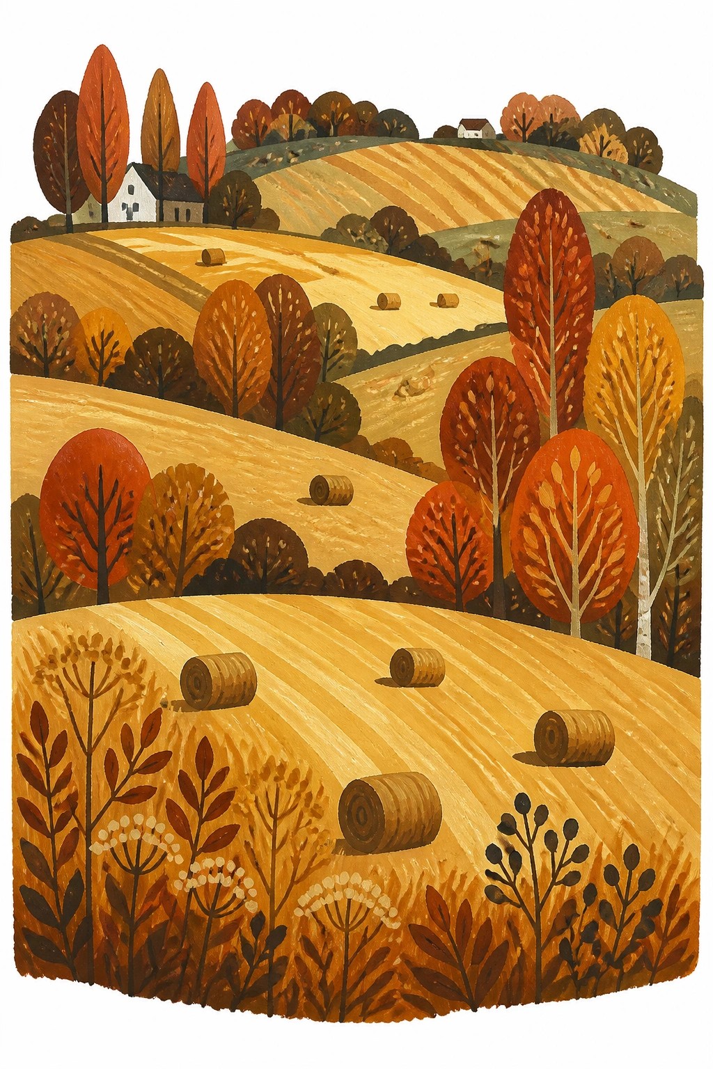 A stylized autumn landscape painting with golden rolling hills hay bales colorful trees and a white farmhouse in warm fall tones