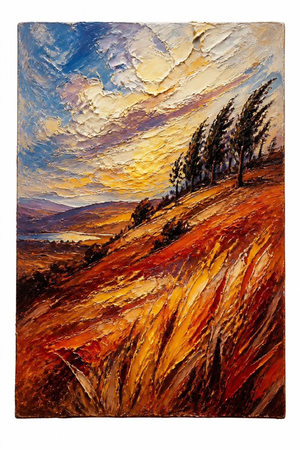 An impasto oil painting of a golden autumn hillside with windblown trees under a dramatic blue and yellow sky at sunset.