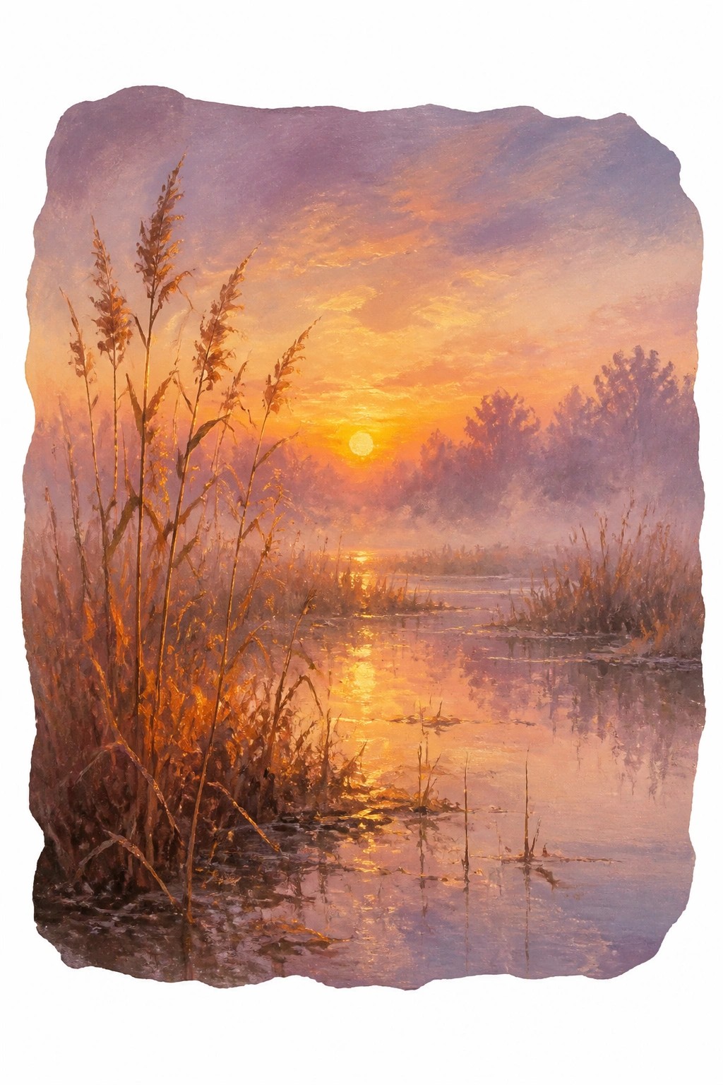 A warm autumn sunset over a misty marsh with tall golden reeds in the foreground and glowing reflections on the water.