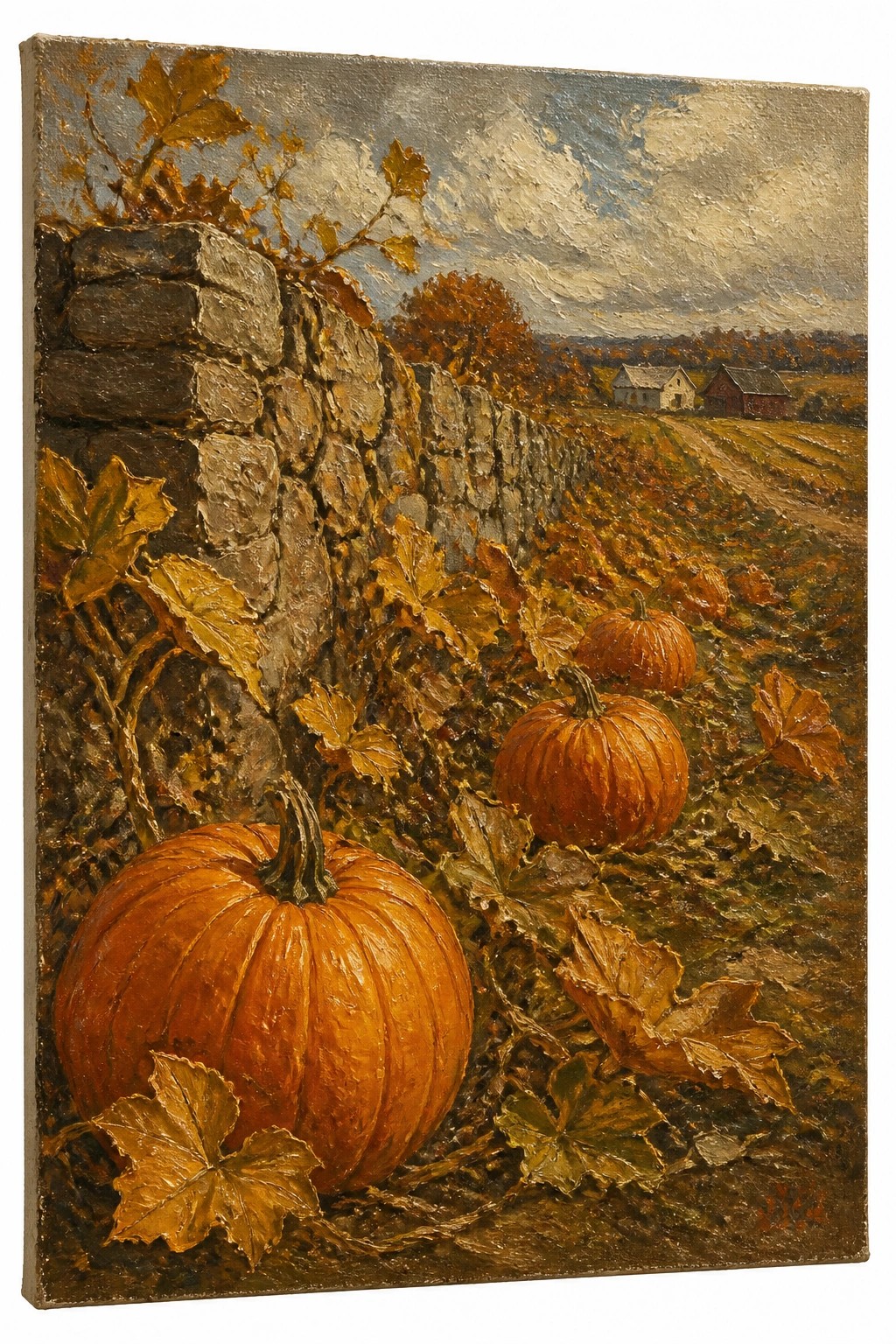 An oil painting of bright orange pumpkins beside a gray stone wall draped in golden autumn leaves with a rural field and barns in the background under a cloudy sky.