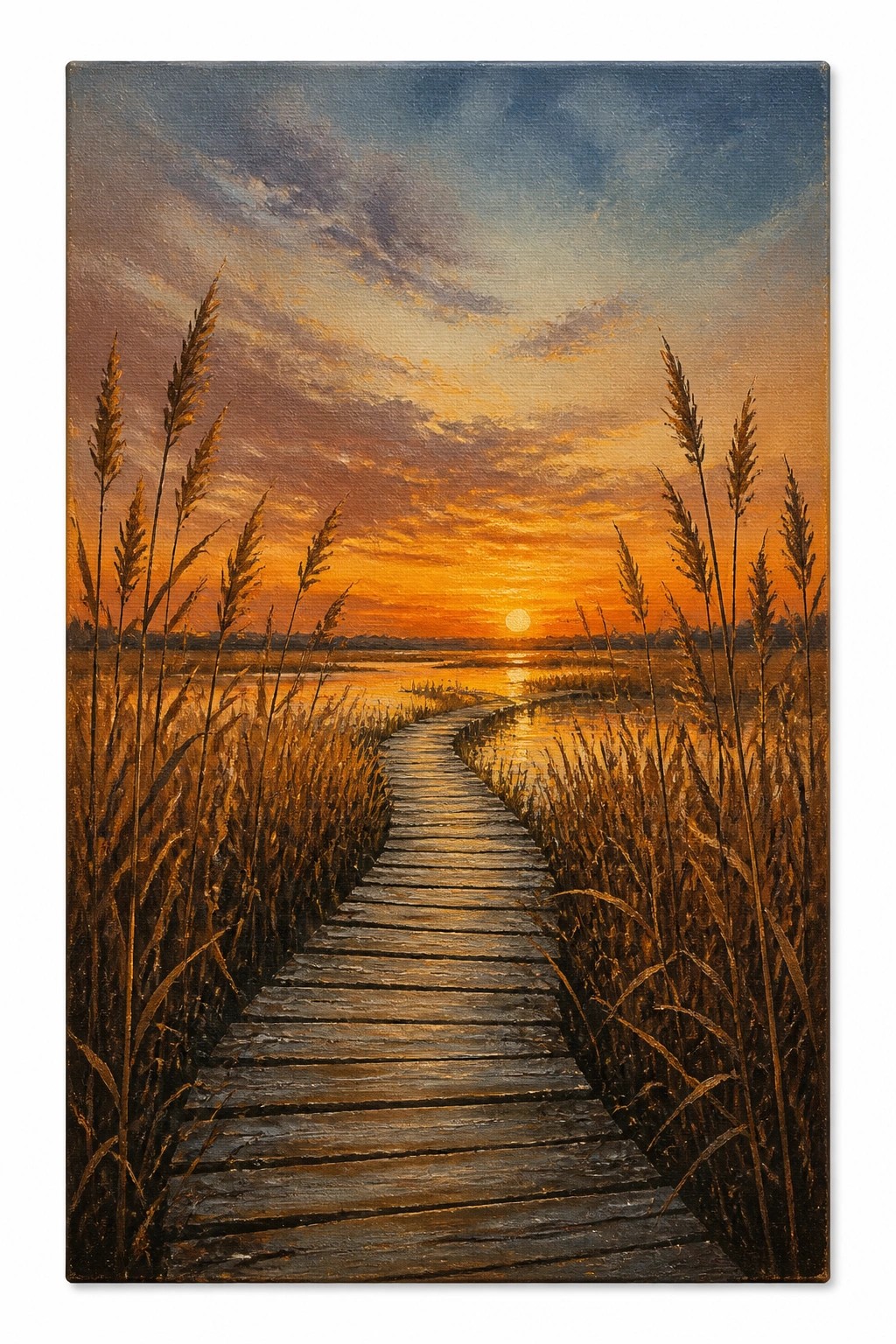 Oil painting of a wooden boardwalk through golden reeds at sunset over a calm marsh lake