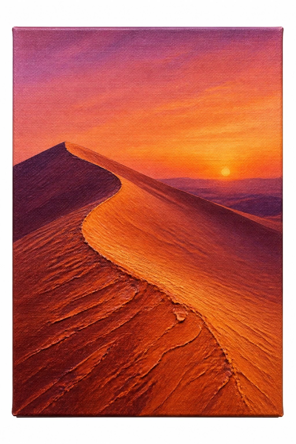 Acrylic painting of orange sand dunes with purple shadows under a gradient purple and orange sunset sky and a visible sun on the horizon.