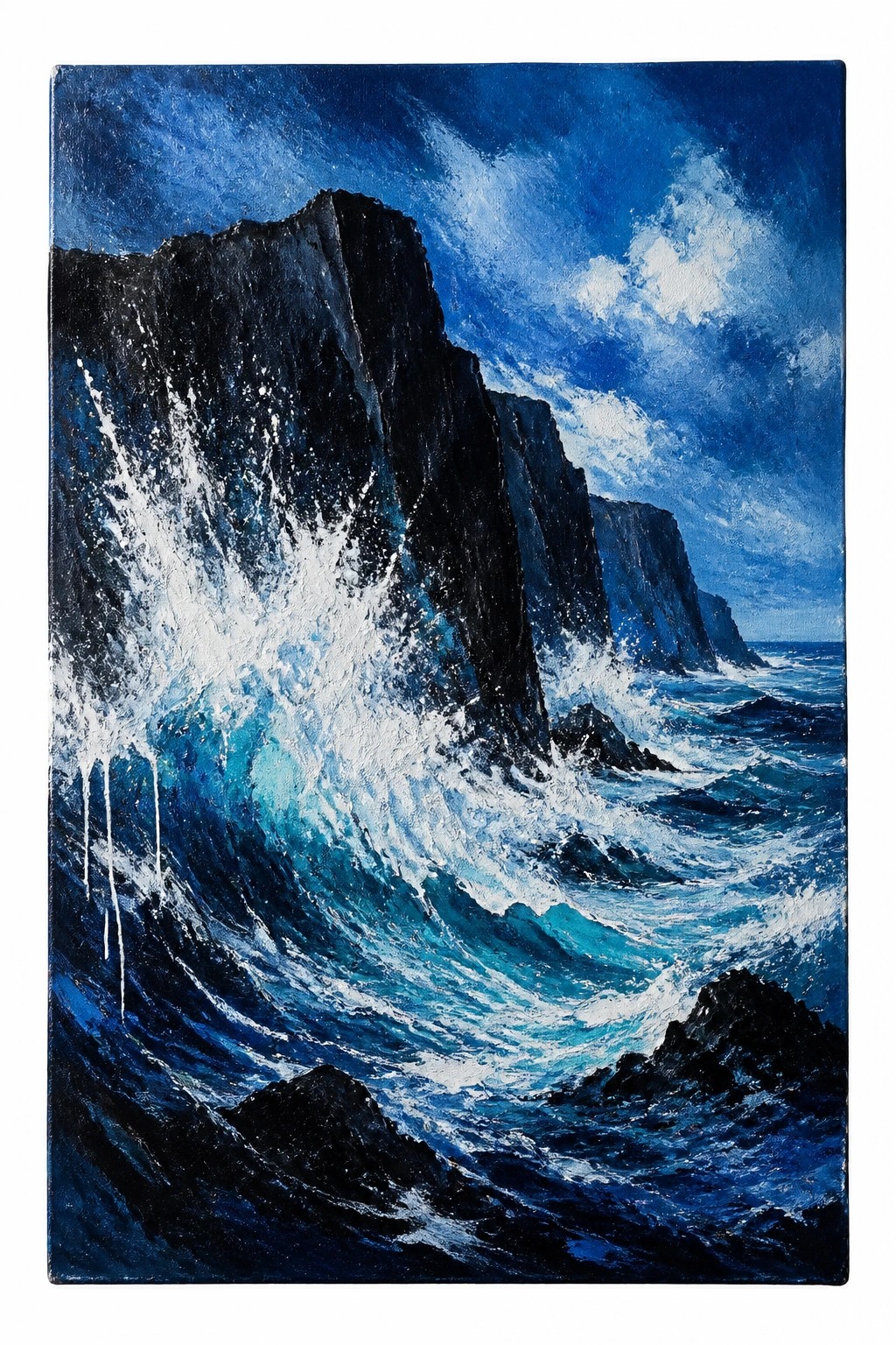 A dramatic acrylic painting of large waves crashing against black cliffs under a stormy blue sky with white foam and turbulent ocean waters.