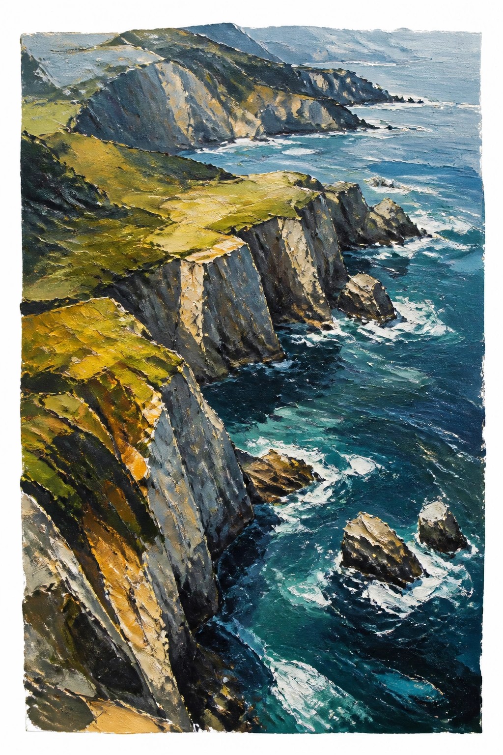 Acrylic painting of green grassy cliffs meeting a blue ocean with white waves and rocky outcrops under bright daylight.