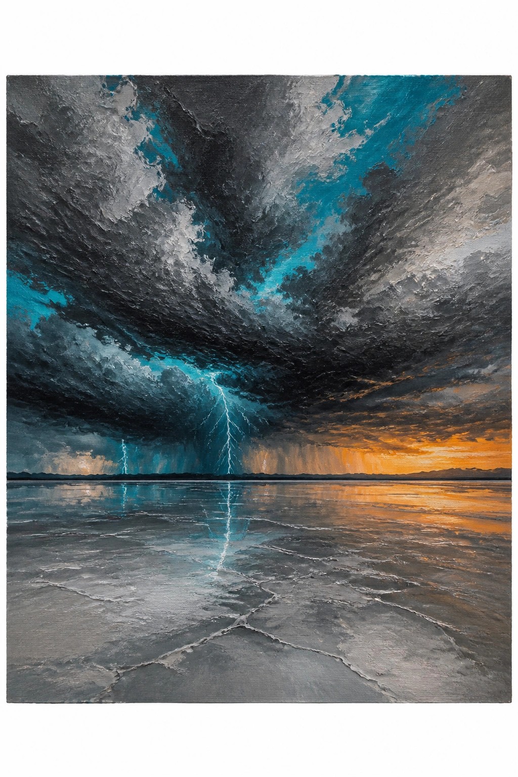 Acrylic painting of a dramatic stormy sky with turquoise and gray clouds, lightning striking over a cracked reflective plain at sunset with orange and yellow hues on the horizon.