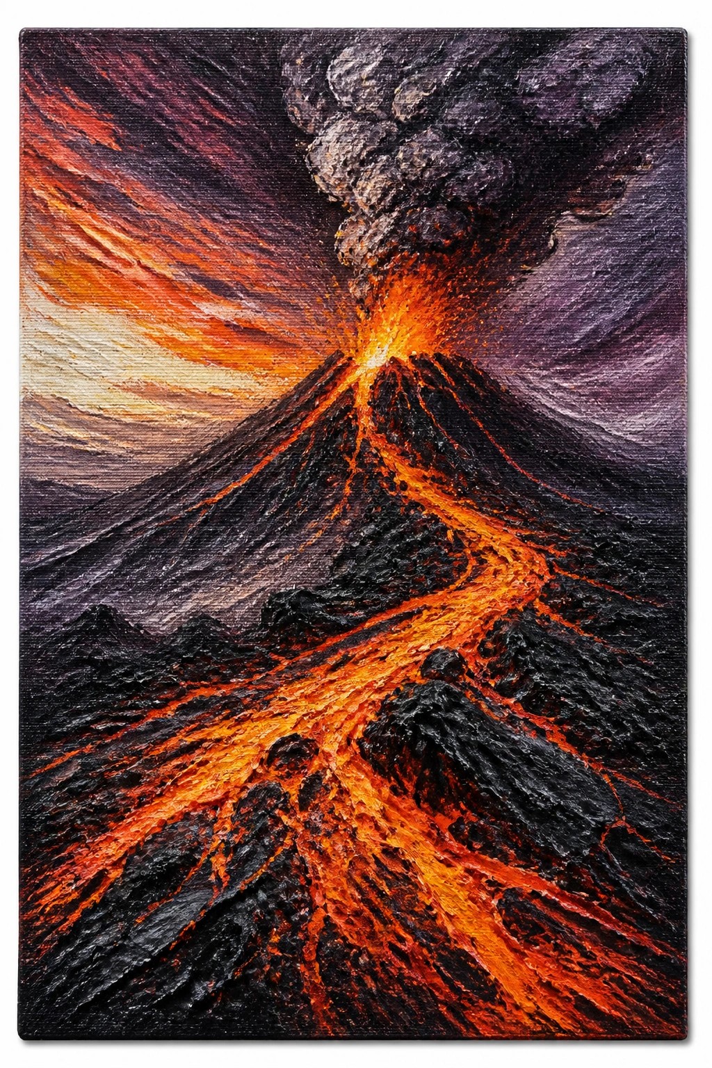 Acrylic painting of an erupting volcano with bright orange lava streams flowing down dark rocky slopes under a dramatic purple and fiery sky with thick textured brushstrokes.