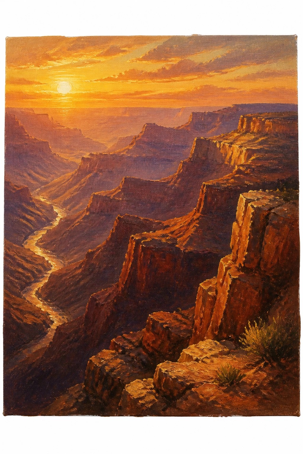 Acrylic painting of Grand Canyon at sunset showing orange sky river and rocky cliffs in warm light