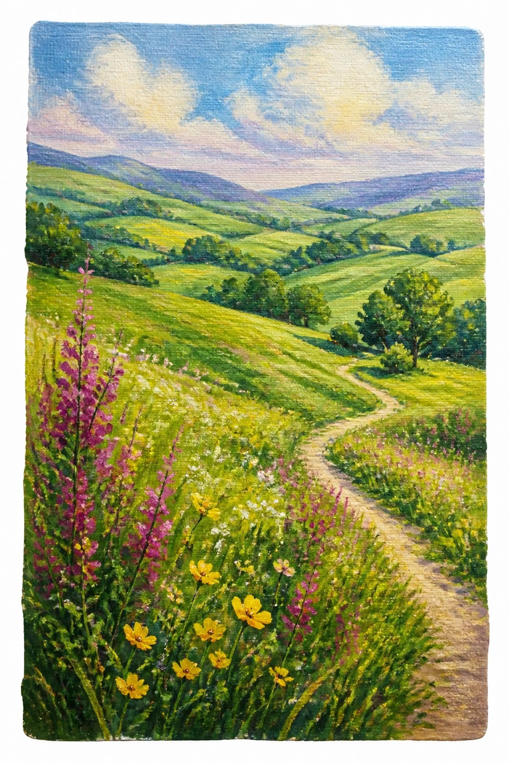 Acrylic painting of a winding path through green rolling hills with colorful purple and yellow wildflowers in the foreground under a blue sky with clouds.
