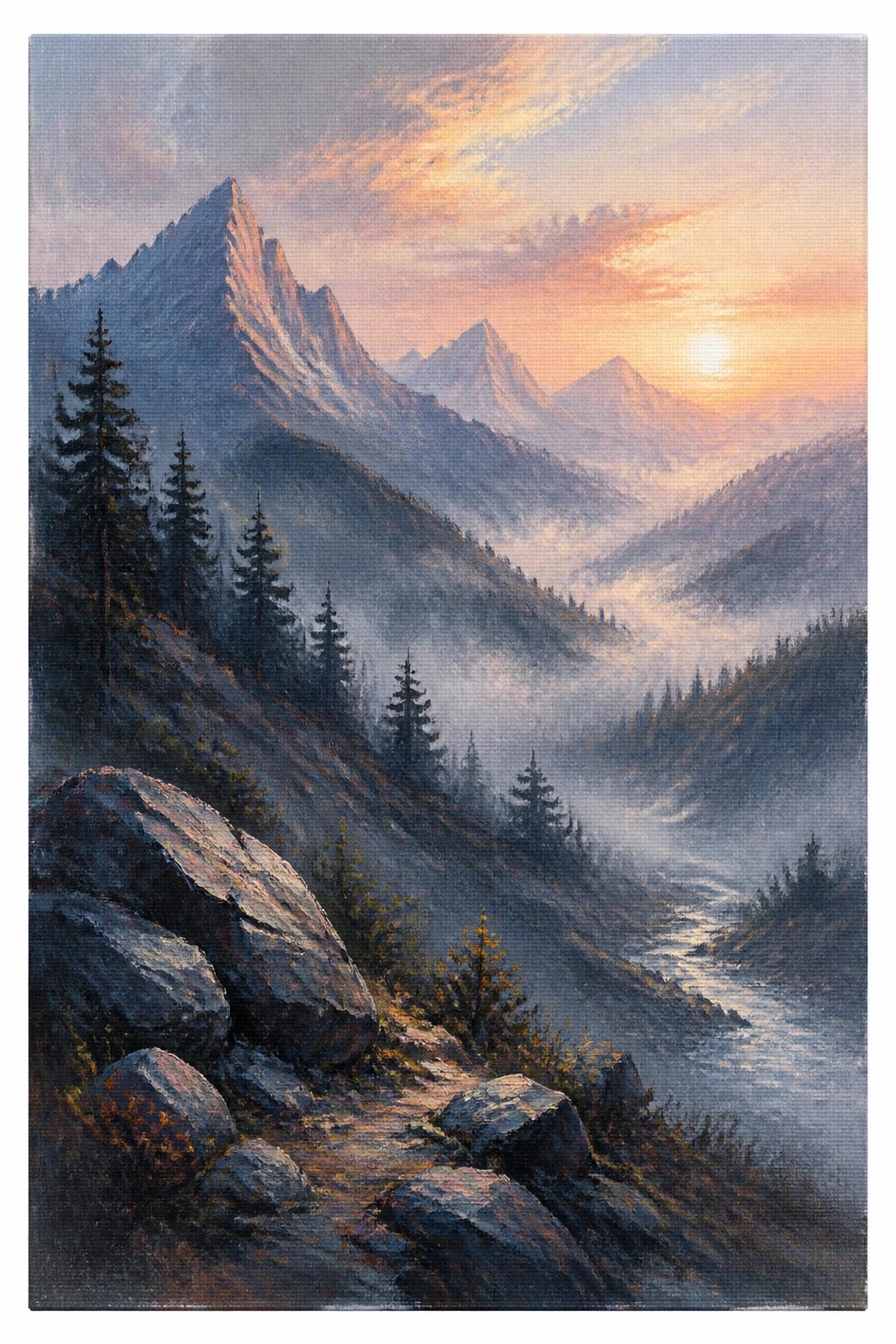 Realistic acrylic painting of a mountain landscape at sunrise showing mist filled valleys a winding river pine trees and a rocky foreground path under an orange and blue sky.