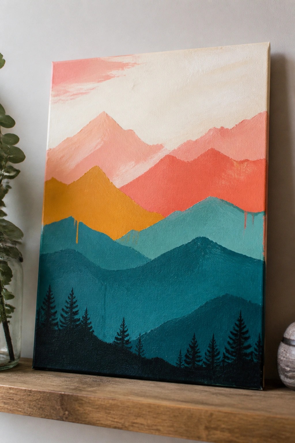 Layered abstract mountain painting in coral, orange, teal with silhouetted pine trees.