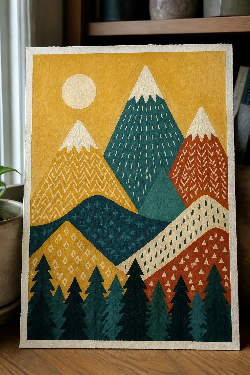 Colorful geometric mountain landscape with patterned peaks, yellow sun, and pine trees.